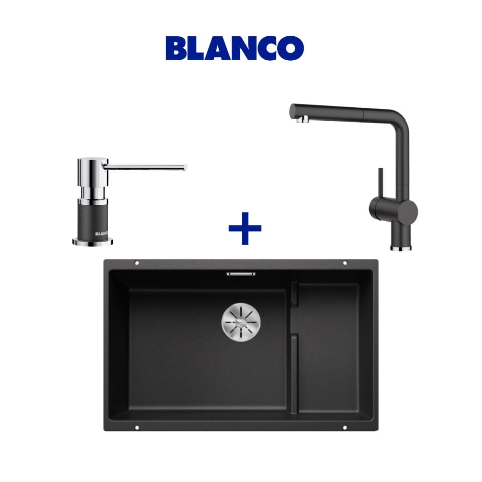 Blanco Subline 700-U Level Antrasit Granit Eviye Linus-S Spiralli Antrasit Armatür & Lato Antrasit Sabunluk Set