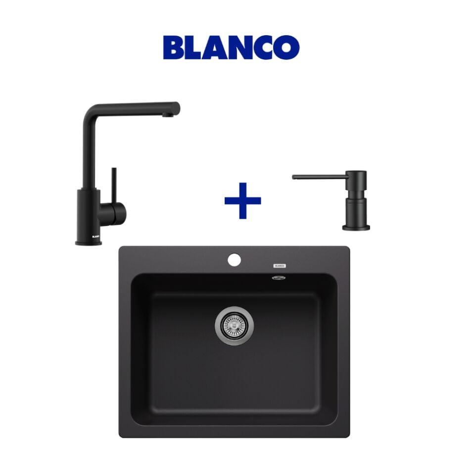 Blanco Naya 6 Granit Eviye & Mila Spiralsiz Armatür & Lato Siyah Sabunluk Set