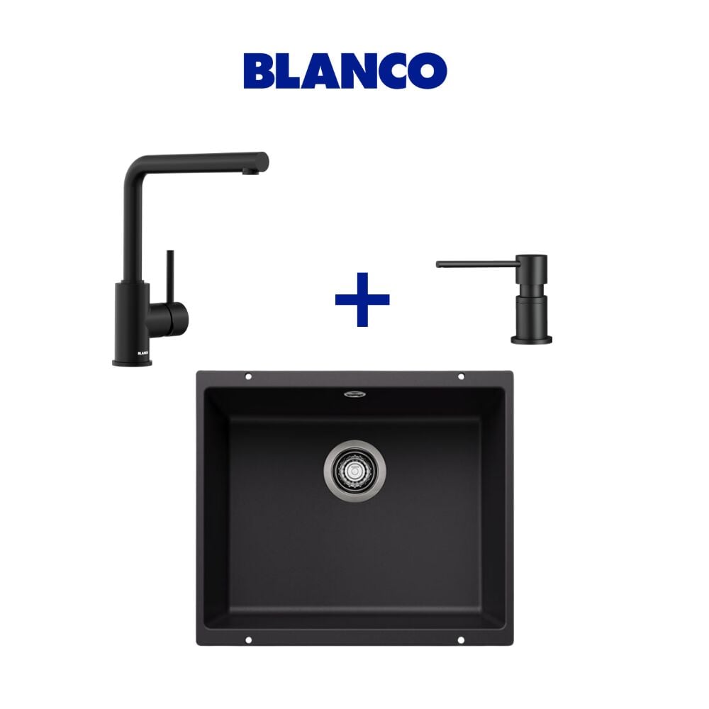 Blanco Rotan 500 U Siyah Granit Eviye & Mila Spiralsiz Siyah Armatür & Lato Siyah Sabunluk