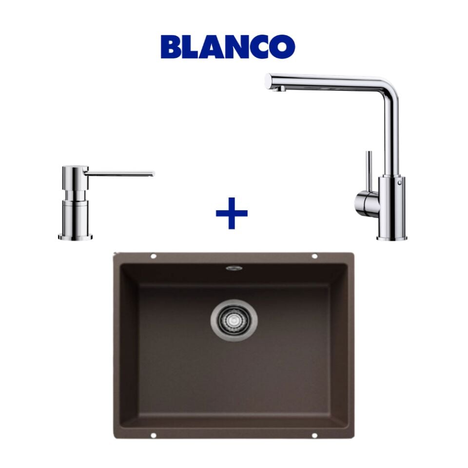 Blanco Rotan 500-U Kahve Granit Eviye & Mila Spiralsiz Krom Armatür & Lato Krom Sabunluk
