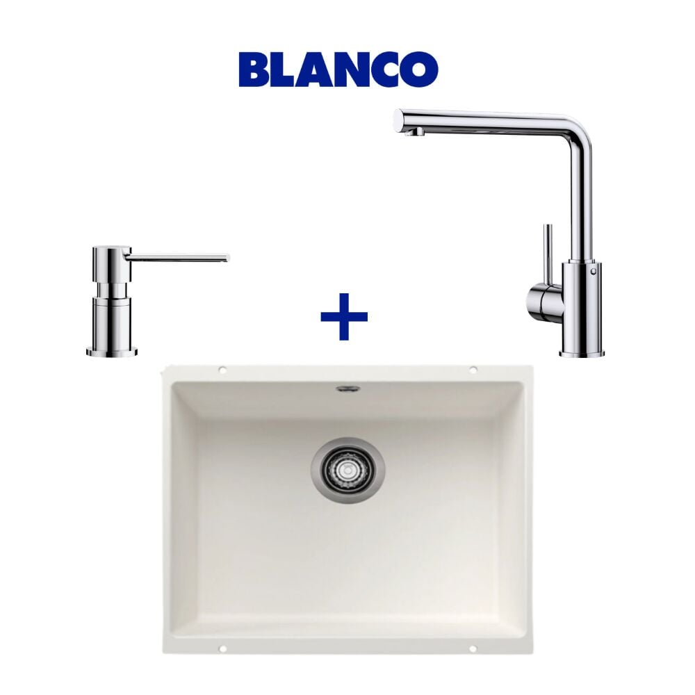 Blanco Rotan 500-U Beyaz Granit Eviye & Mila Spiralsiz Krom Armatür & Lato Krom Sabunluk