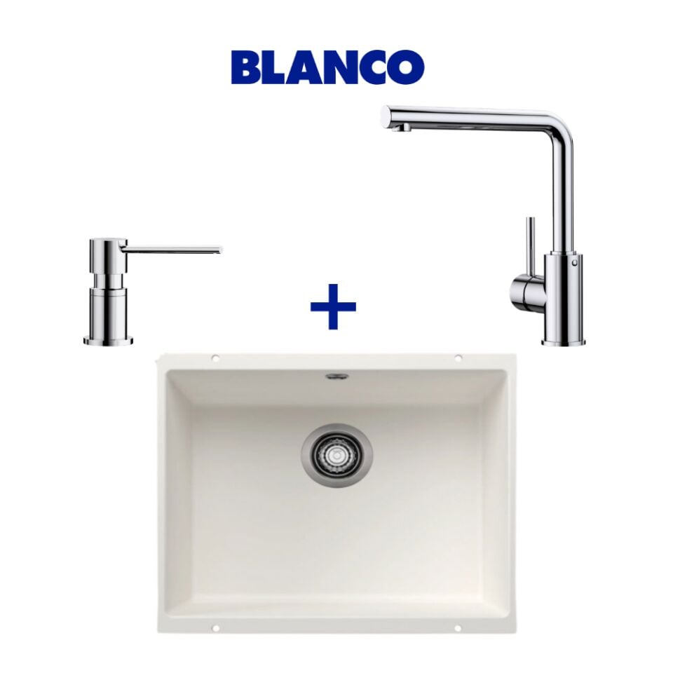 Blanco Rotan 500-U Beyaz Granit Eviye & Mila Spiralsiz Krom Armatür & Lato Krom Sabunluk