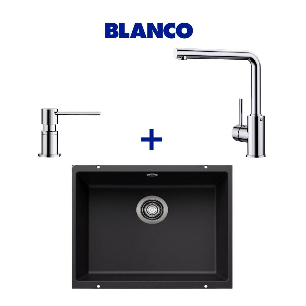 Blanco Rotan 500-U Antrasit Granit Eviye & Mila Spiralsiz Krom Armatür & Lato Krom Sabunluk