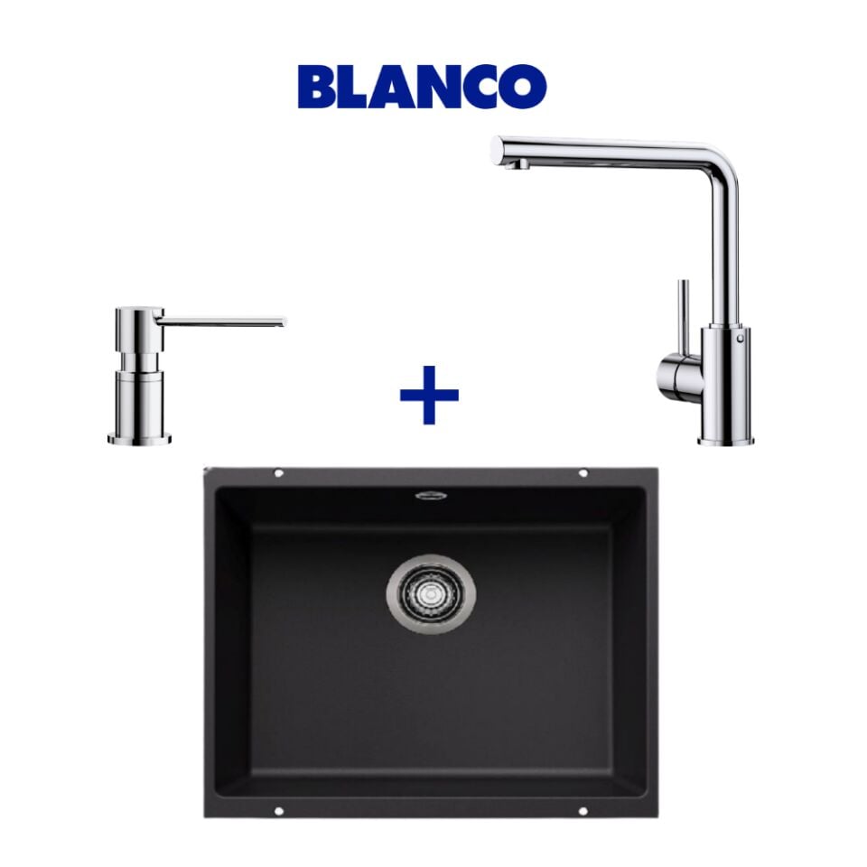 Blanco Rotan 500-U Antrasit Granit Eviye & Mila Spiralsiz Krom Armatür & Lato Krom Sabunluk