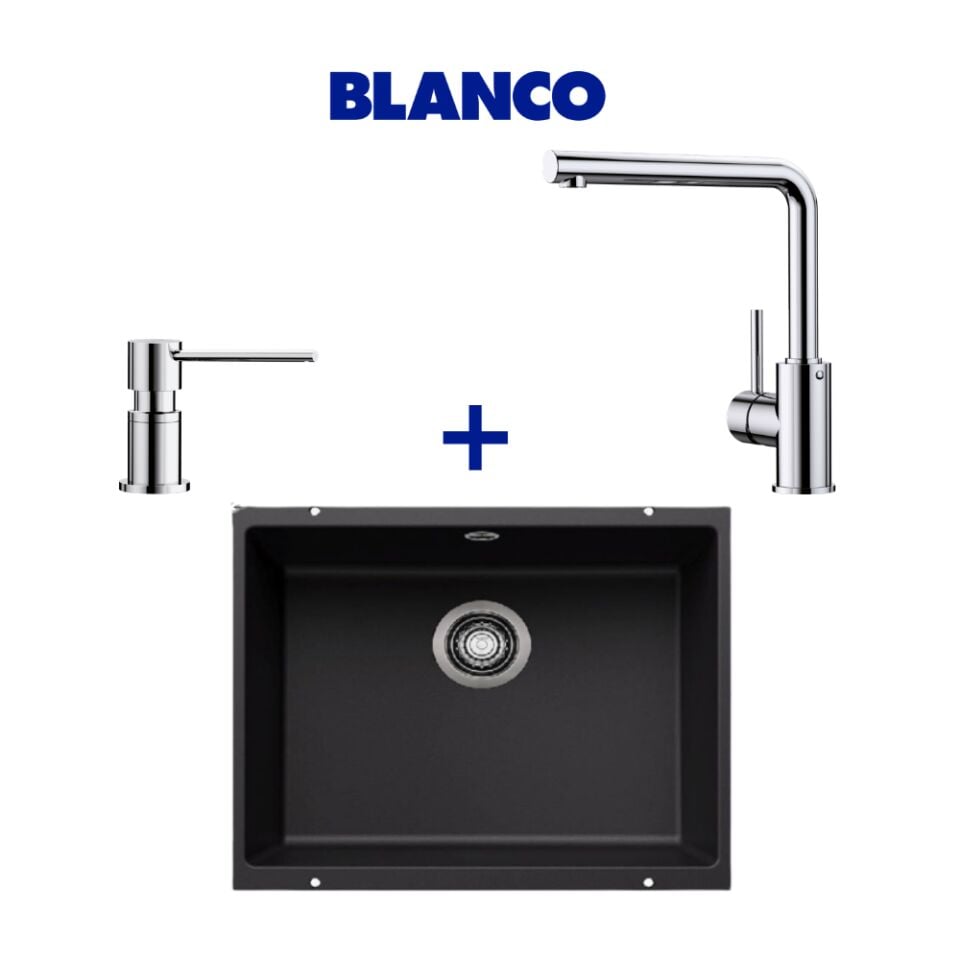 Blanco Rotan 500-U Siyah Granit Eviye & Mila Spiralsiz Krom Armatür & Lato Krom Sabunluk