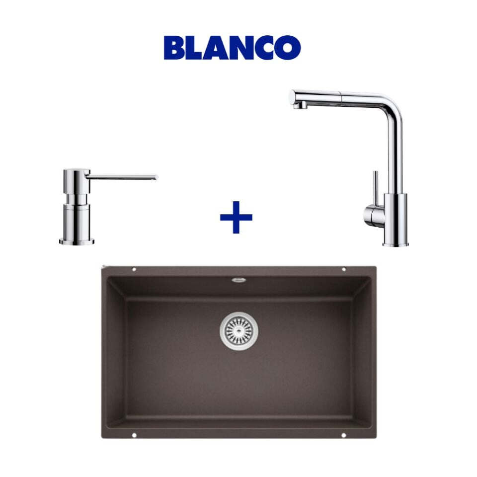 Blanco Rotan 700-U Kahve Granit Eviye & Mila Spiralli Krom Armatür & Lato Krom Sabunluk