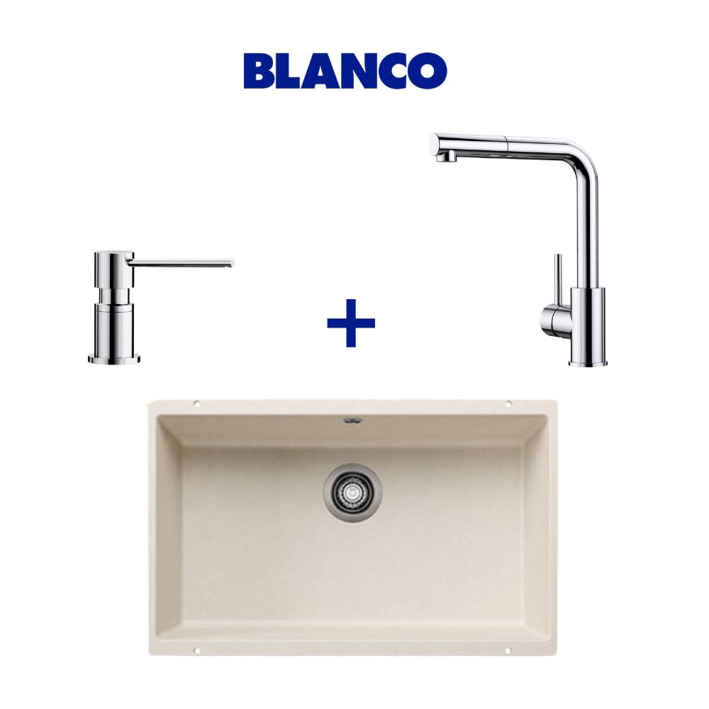 Blanco Rotan 700-U Soft Beyaz Granit Eviye & Mila Spiralli Krom Armatür & Lato Krom Sabunluk