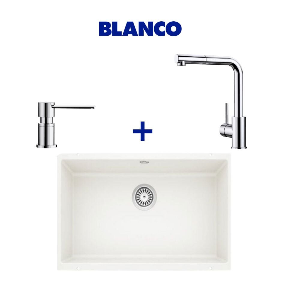 Blanco Rotan 700-U Beyaz Granit Eviye & Mila Spiralli Krom Armatür & Lato Krom Sabunluk