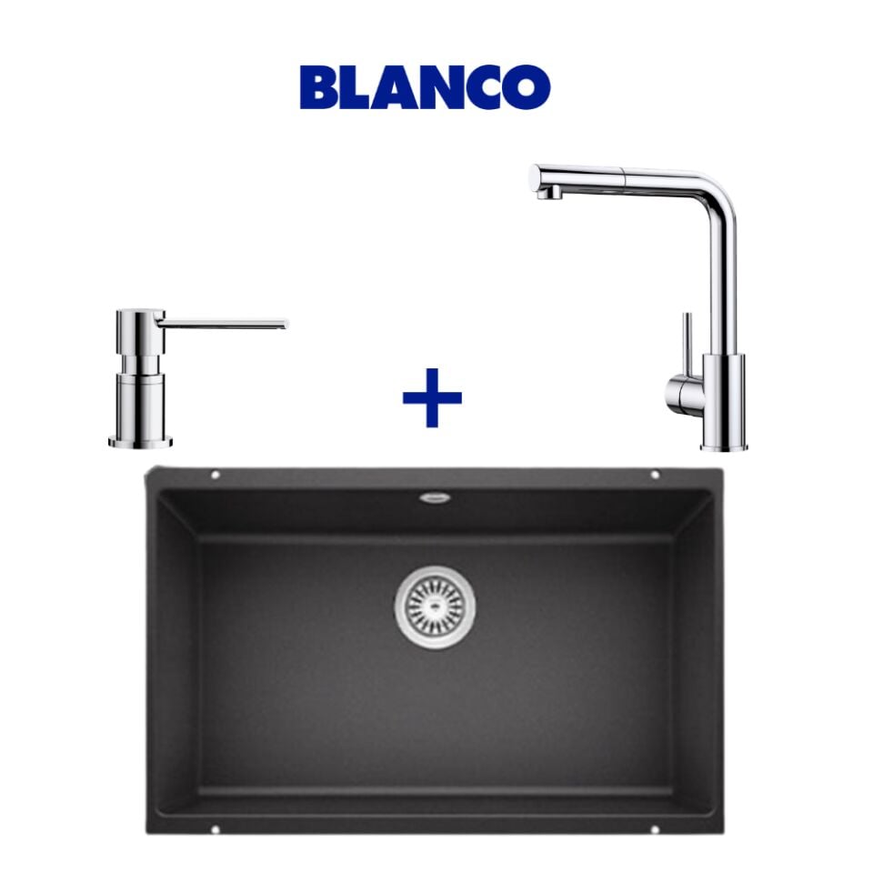 Blanco Rotan 700-U Antrasit Granit Eviye & Mila Spiralli Krom Armatür & Lato Krom Sabunluk