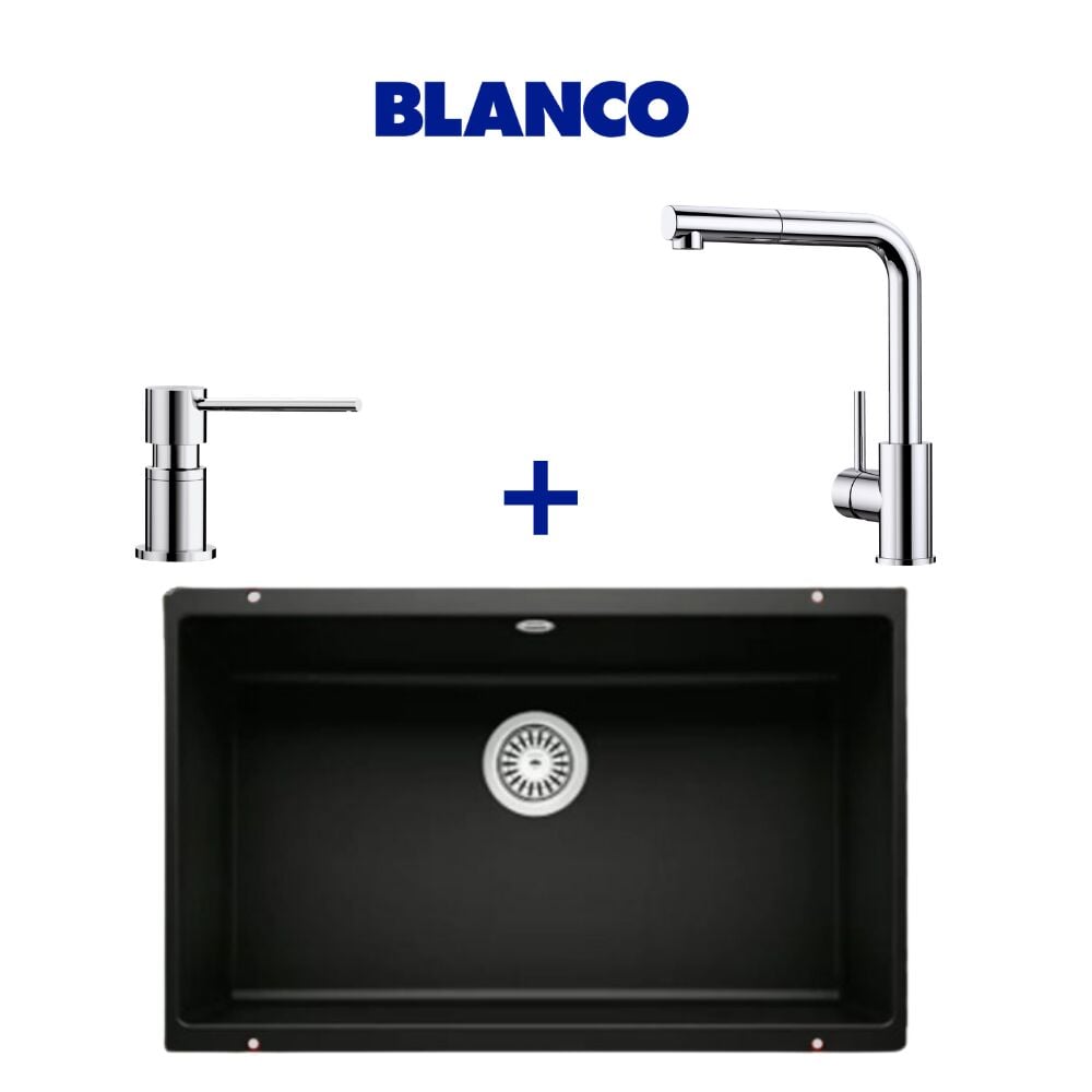 Blanco Rotan 700-U Siyah Granit Eviye & Mila Spiralli Krom Armatür & Lato Krom Sabunluk