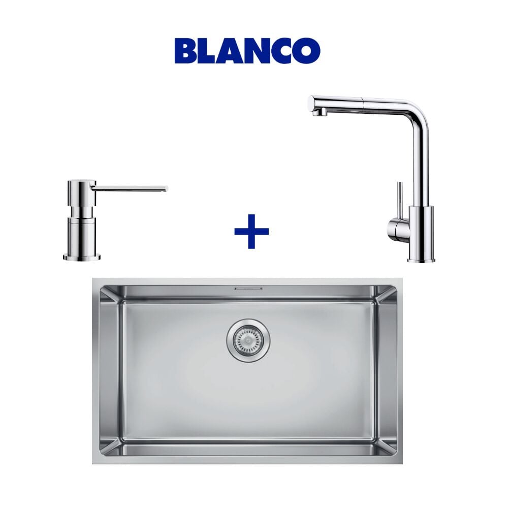 Blanco Quato 700 U Çelik Eviye & Mila Spiralli Krom Armatür & Lato Krom Sabunluk