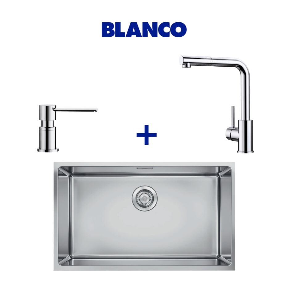 Blanco Quato 700 U Çelik Eviye & Mila Spiralli Krom Armatür & Lato Krom Sabunluk